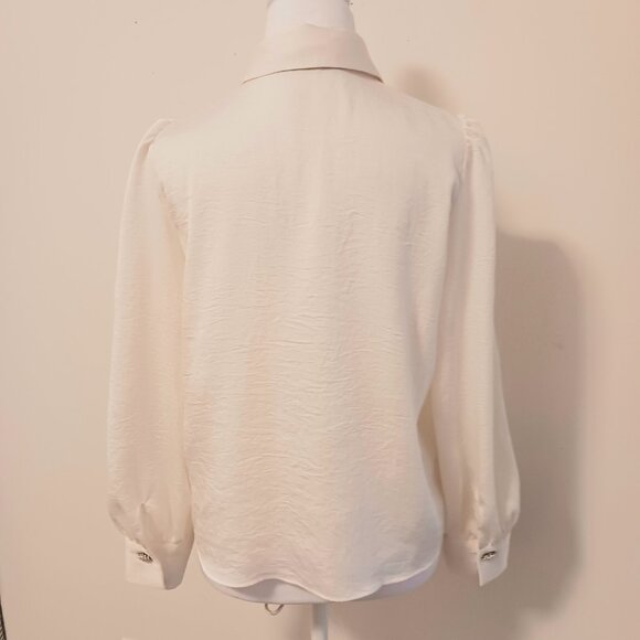 Zara Medium Cream Tie Neck Blouse W/ Decorative Buttons of Clustered Pearl Beads - Picture 4 of 15